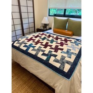 Handmade Geometric Patchwork Quilt Navy Plum Teal Batik Swirl Quilting 2021